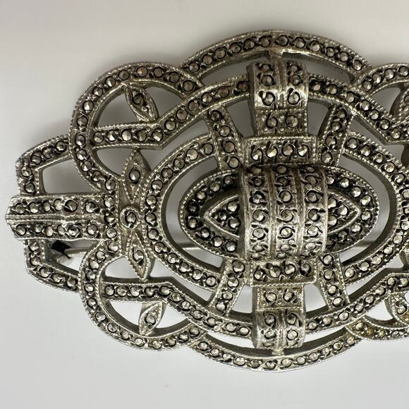 Antique Art Deco 1920s 1930s sterling silver genuine marcasite pin brooch - Picture 6 of 10
